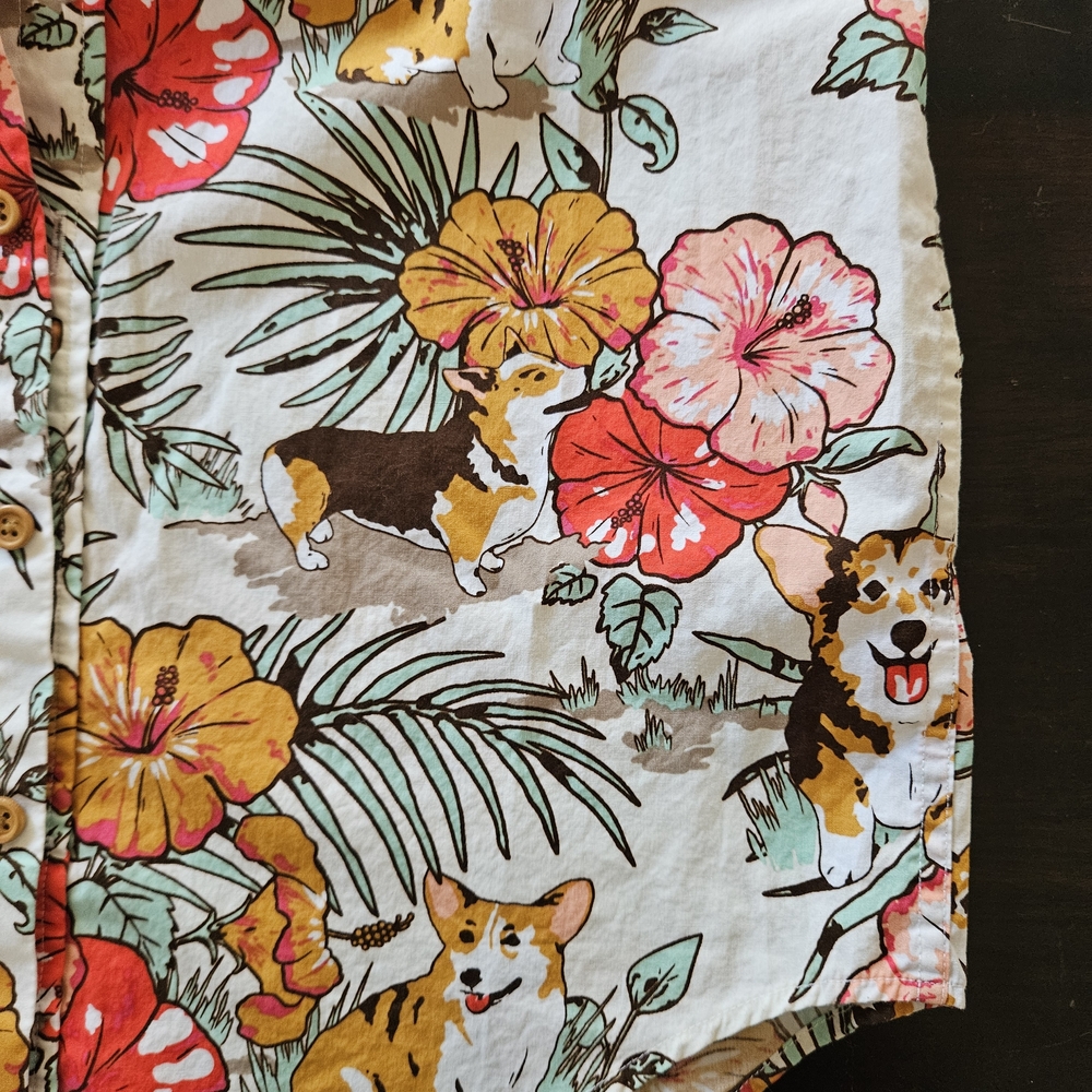 Hot Topic Men's Corgi Floral Shirt - Red, Orange, Green - Picture 4 of 9